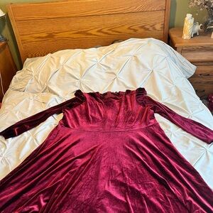 Ivy City Co stretchy red velvet dress with shoulder ruffle